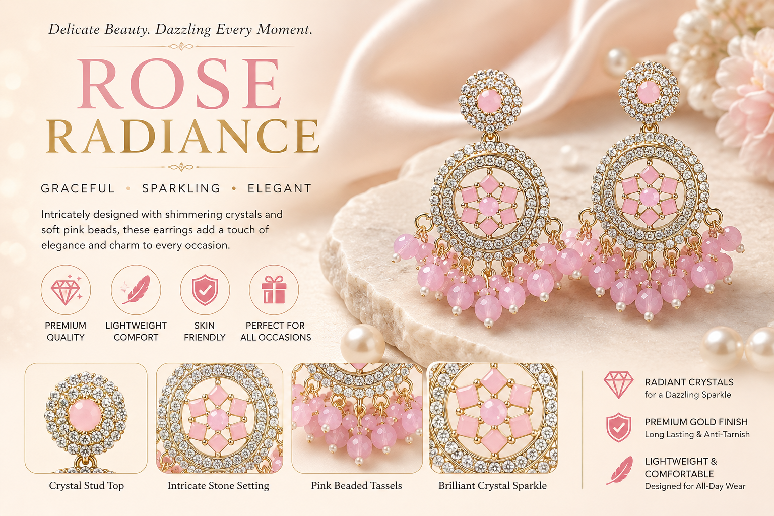 Blush Pink American Diamond Chandbali Earrings