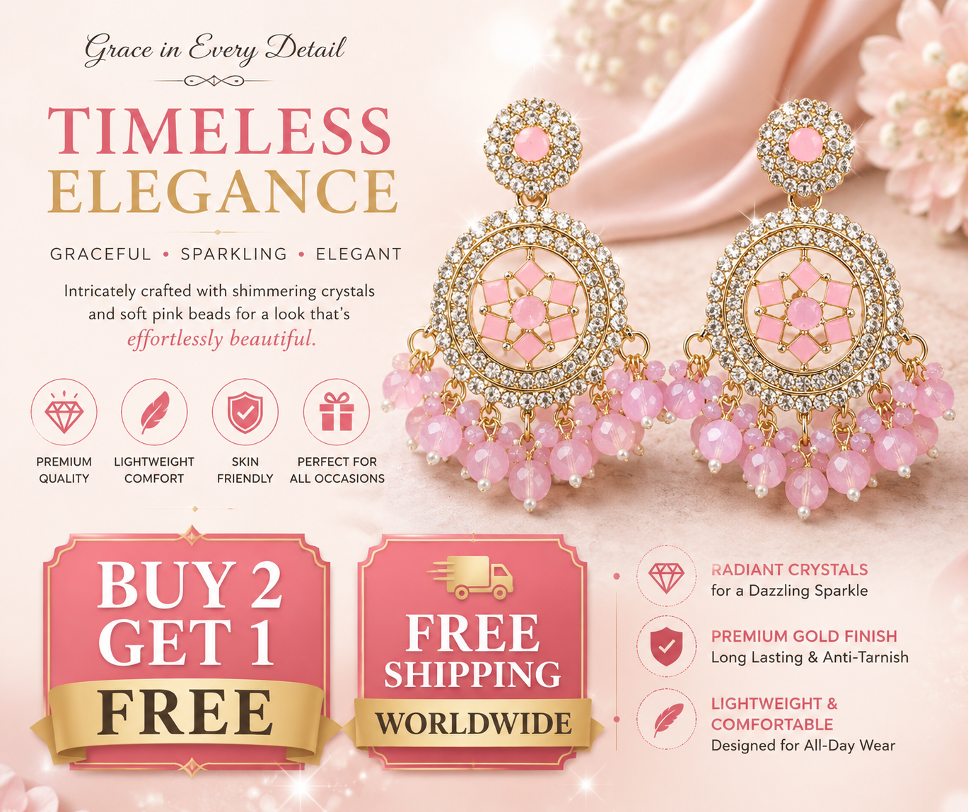 Blush Pink American Diamond Chandbali Earrings