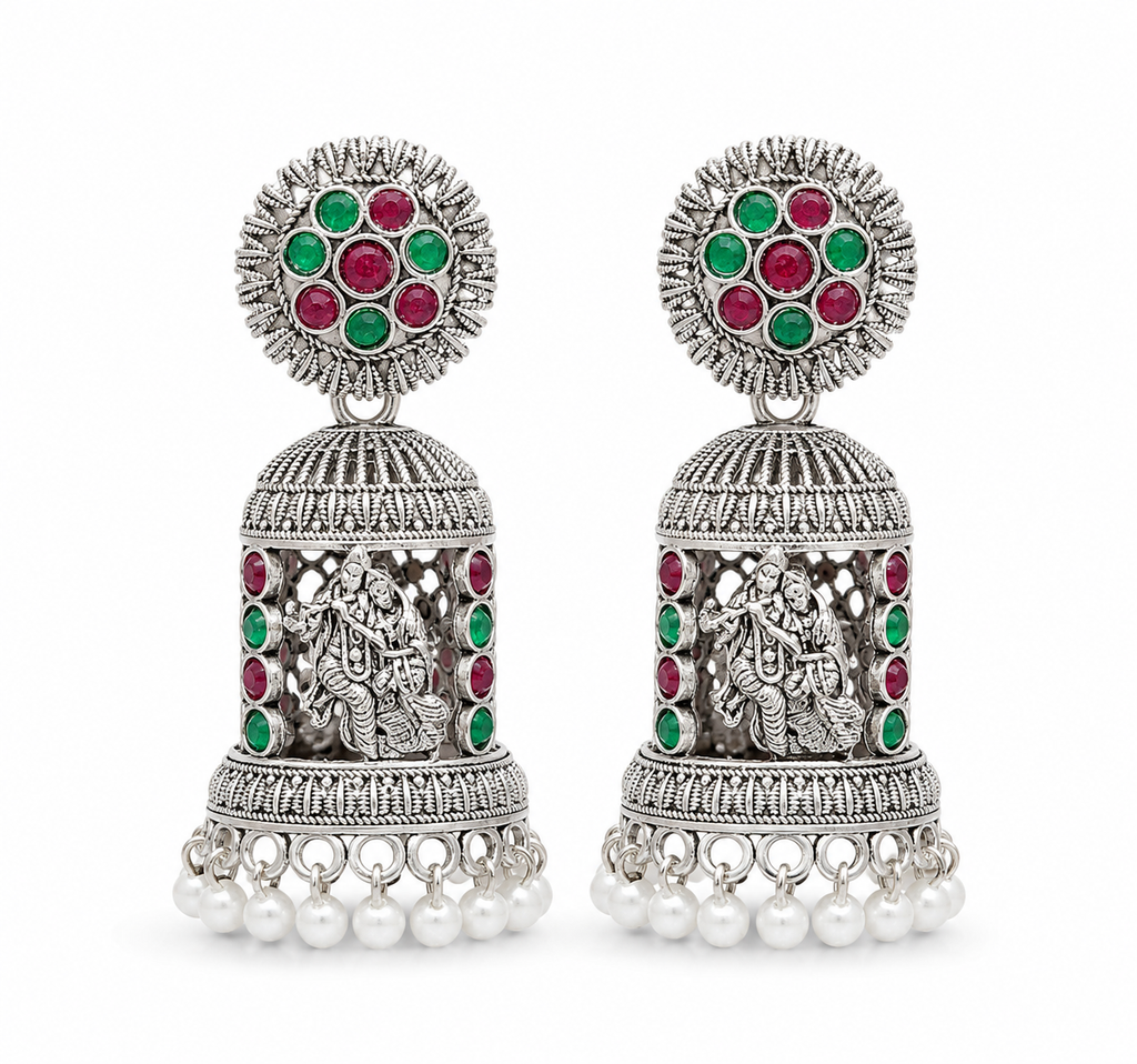 Oxidised Silver Temple Jhumka Earrings - Radha Krishna Motif