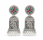Oxidised Silver Temple Jhumka Earrings - Radha Krishna Motif