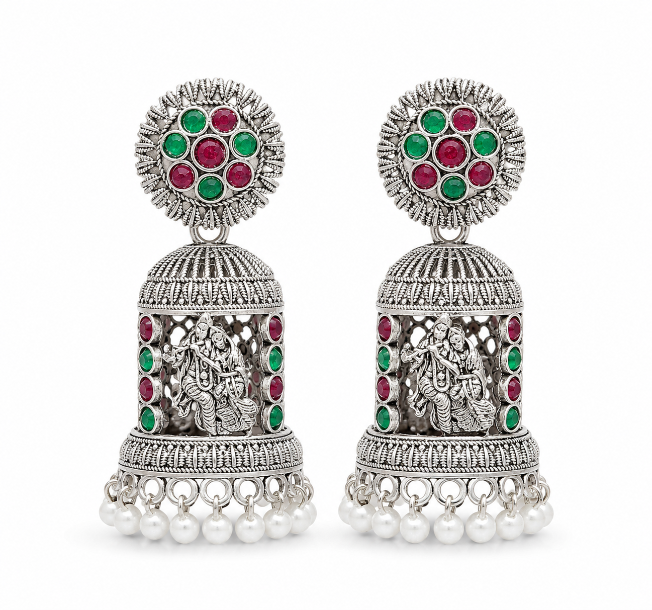 Oxidised Silver Temple Jhumka Earrings - Radha Krishna Motif