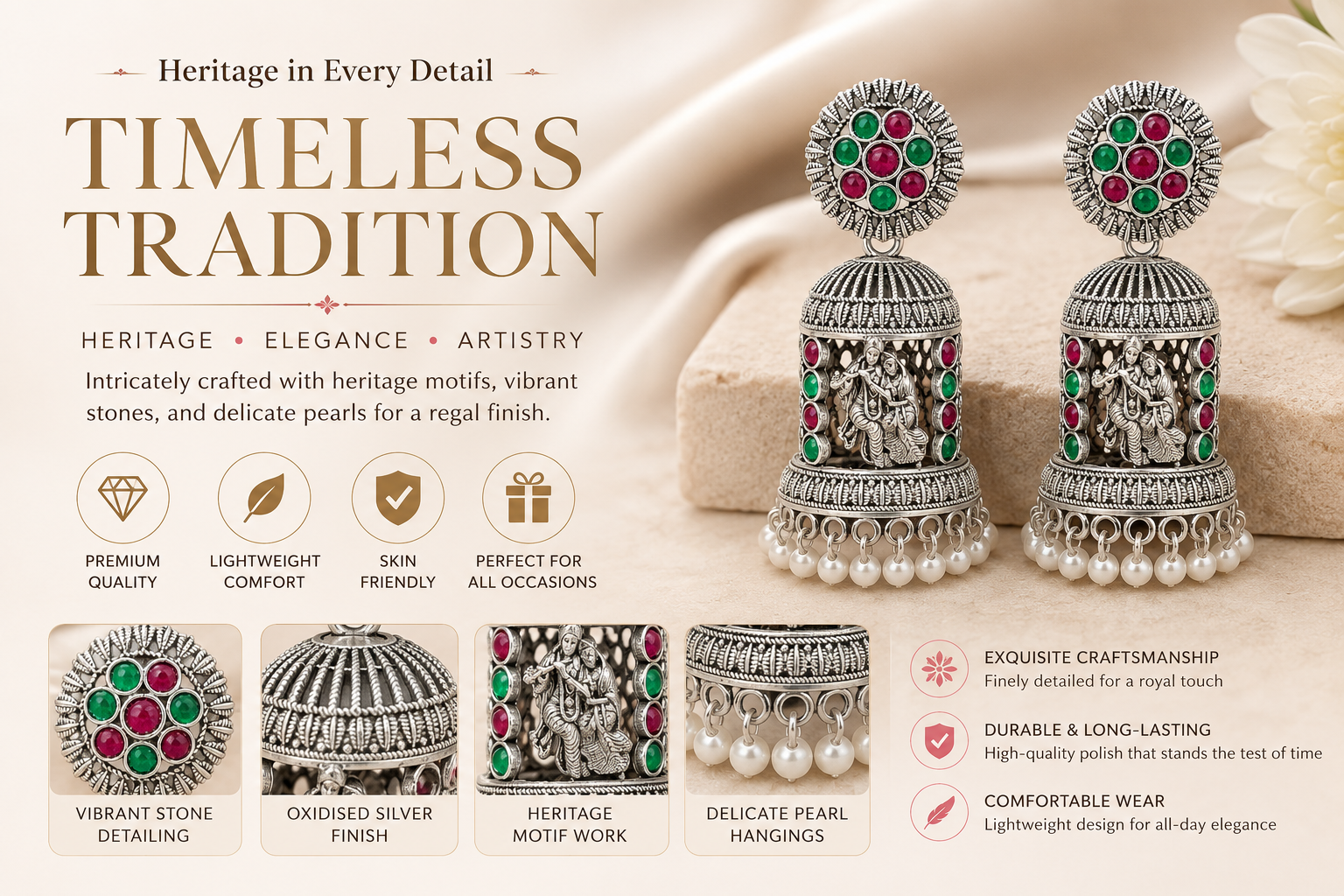Oxidised Silver Temple Jhumka Earrings - Radha Krishna Motif