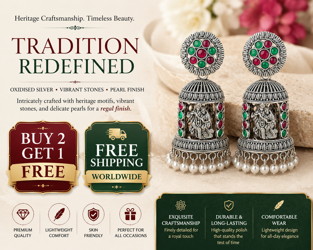 Oxidised Silver Temple Jhumka Earrings - Radha Krishna Motif