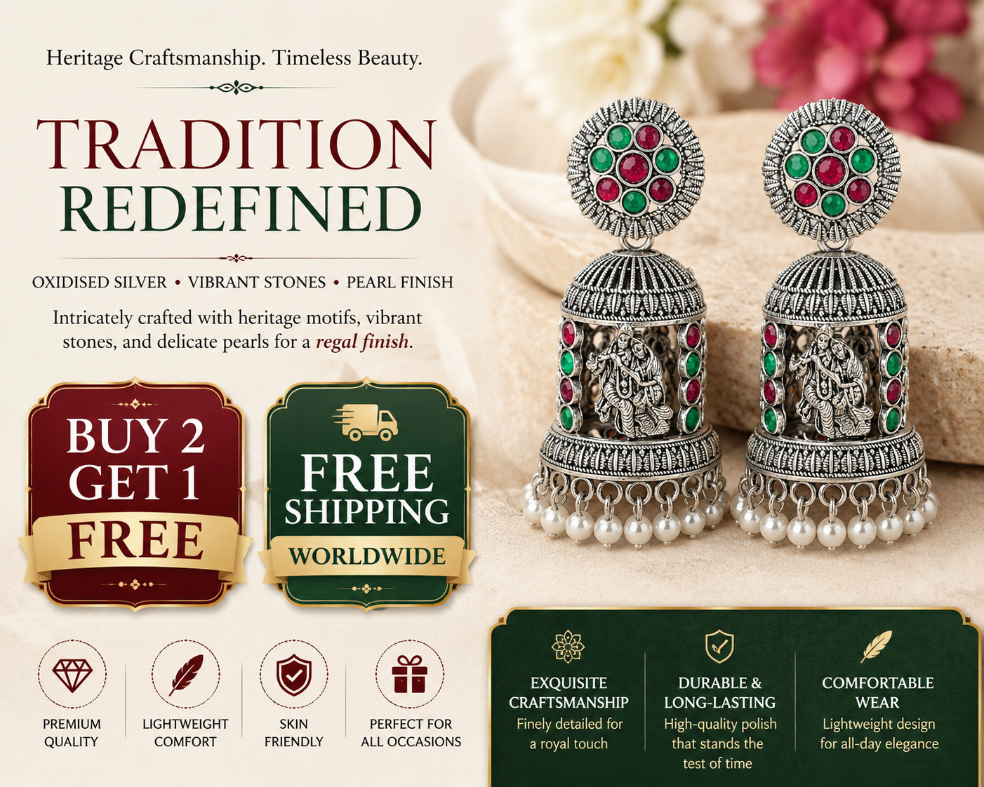 Oxidised Silver Temple Jhumka Earrings - Radha Krishna Motif