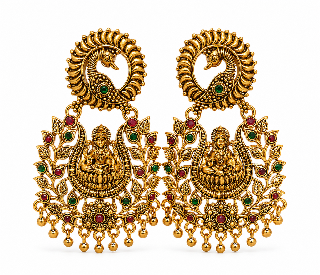 Antique Gold Lakshmi Temple Chandbali Earrings
