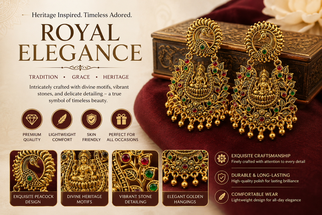 Antique Gold Lakshmi Temple Chandbali Earrings