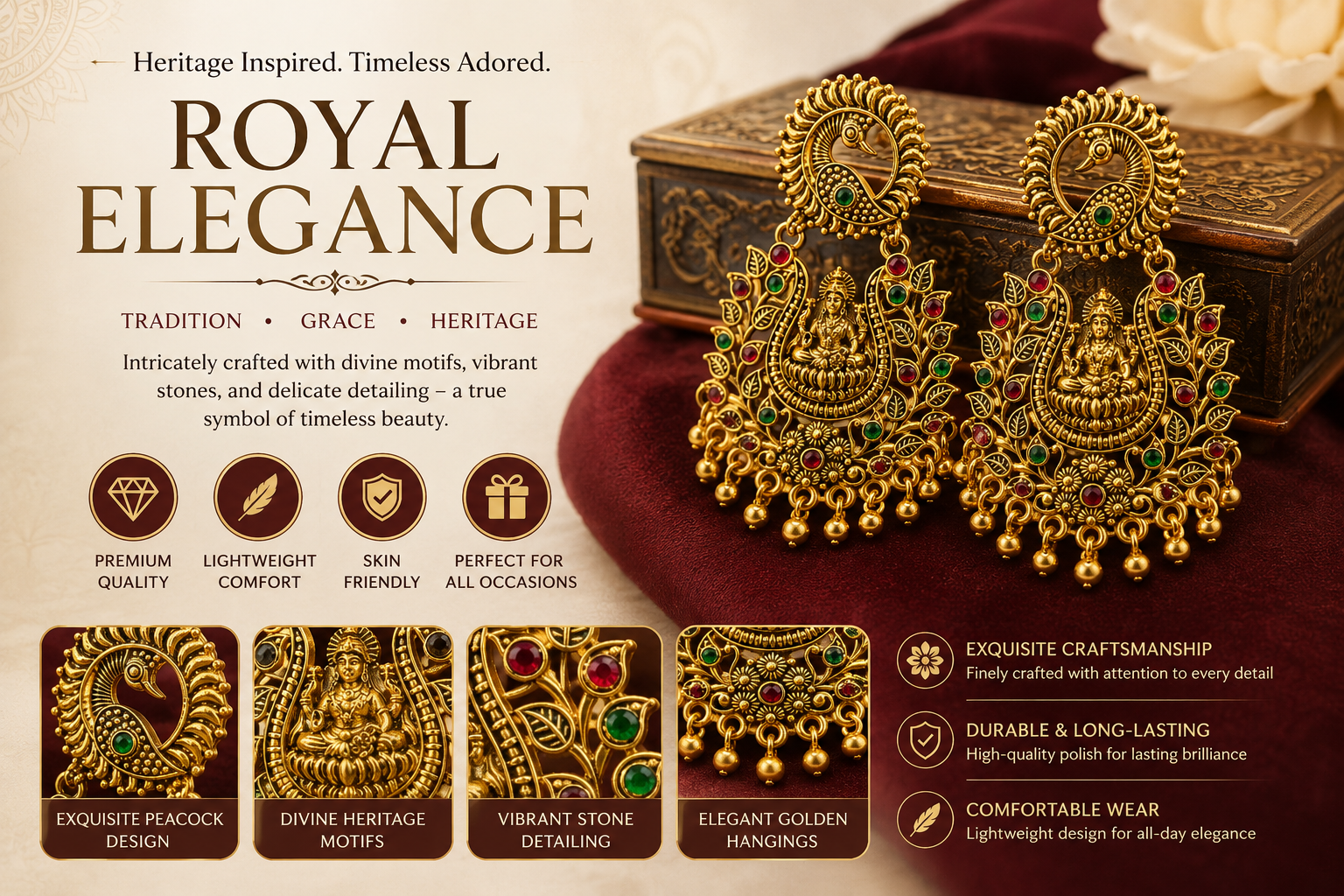 Antique Gold Lakshmi Temple Chandbali Earrings