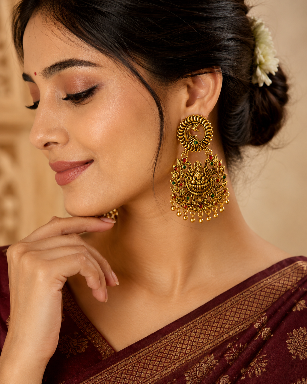 Antique Gold Lakshmi Temple Chandbali Earrings