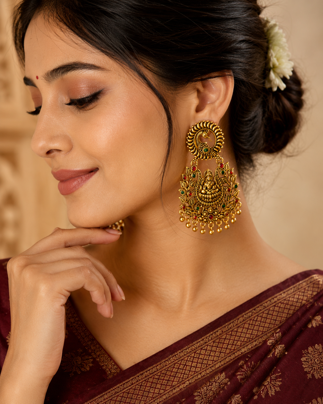 Antique Gold Lakshmi Temple Chandbali Earrings