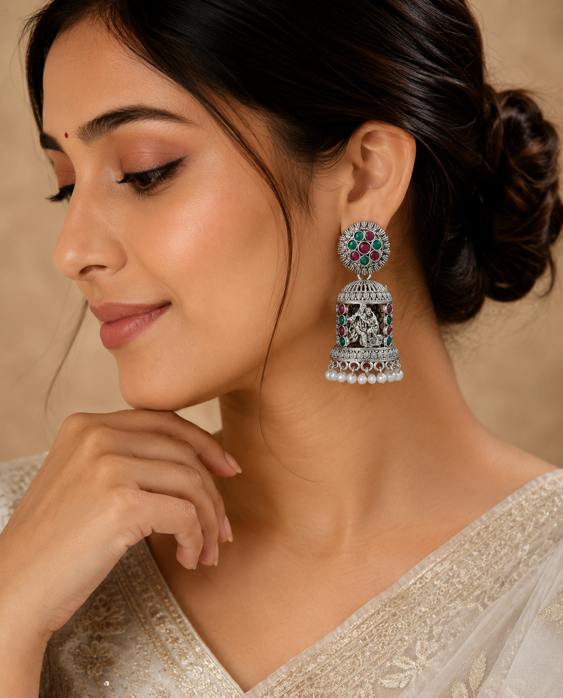 Oxidised Silver Temple Jhumka Earrings - Radha Krishna Motif