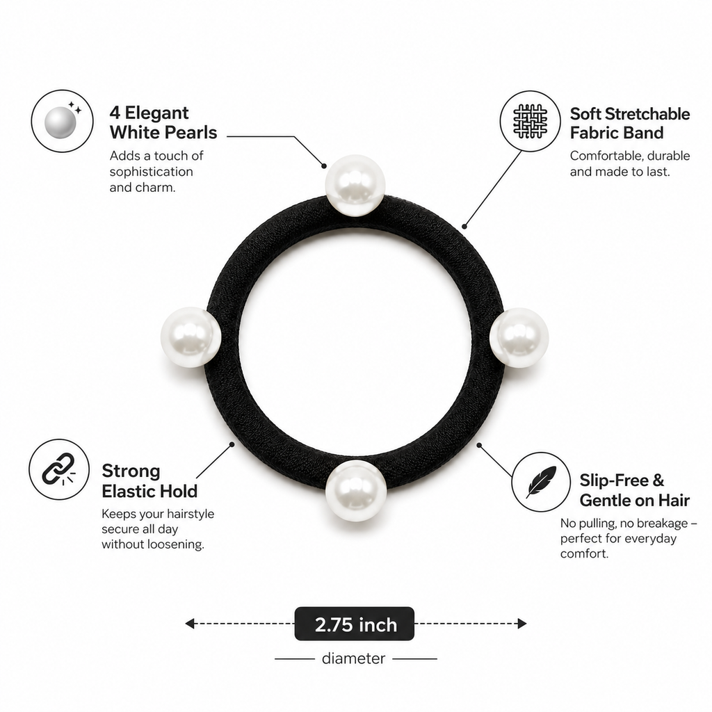 Pearl Hair Ties Set of 12 – Black Elastic Ponytail Holders & Hair Bands for Women & Girls