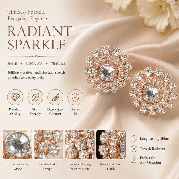 Rose Gold Crystal Floral Statement Stud Earrings