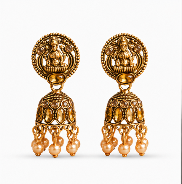 Antique Gold Lakshmi Temple Jhumka Earrings with Pearl Drops
