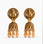 Antique Gold Lakshmi Temple Jhumka Earrings with Pearl Drops