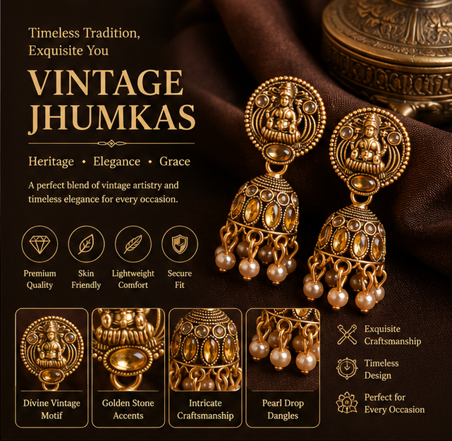 Antique Gold Lakshmi Temple Jhumka Earrings with Pearl Drops