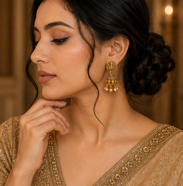 Antique Gold Lakshmi Temple Jhumka Earrings with Pearl Drops