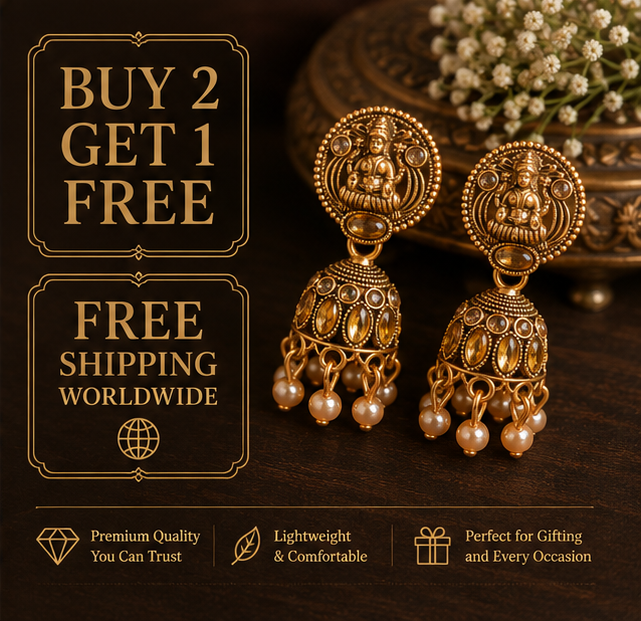 Antique Gold Lakshmi Temple Jhumka Earrings with Pearl Drops