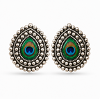 Oxidised Silver Peacock Feather Stud Earrings