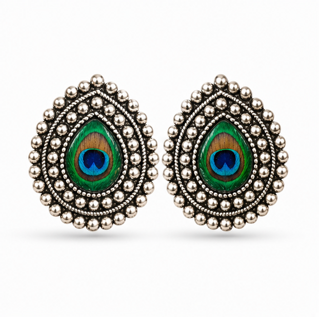 Oxidised Silver Peacock Feather Stud Earrings
