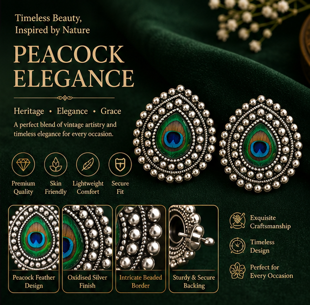 Oxidised Silver Peacock Feather Stud Earrings