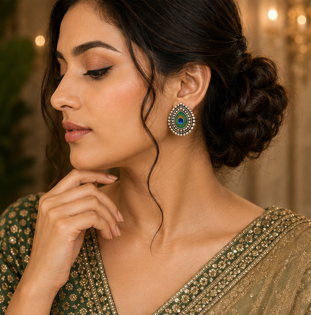 Oxidised Silver Peacock Feather Stud Earrings