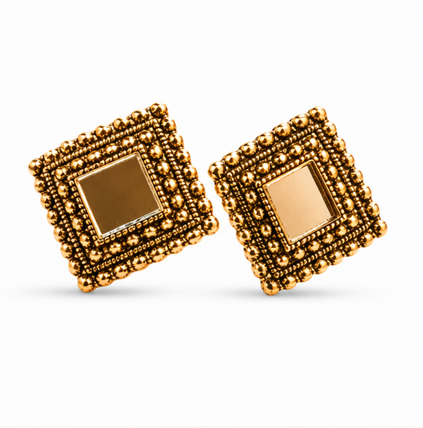 Antique Gold Square Mirror Stud Earrings