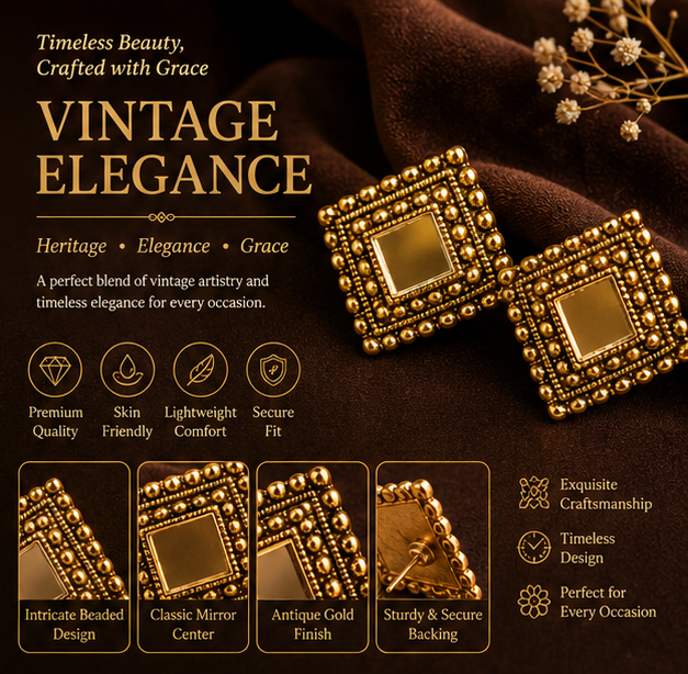 Antique Gold Square Mirror Stud Earrings