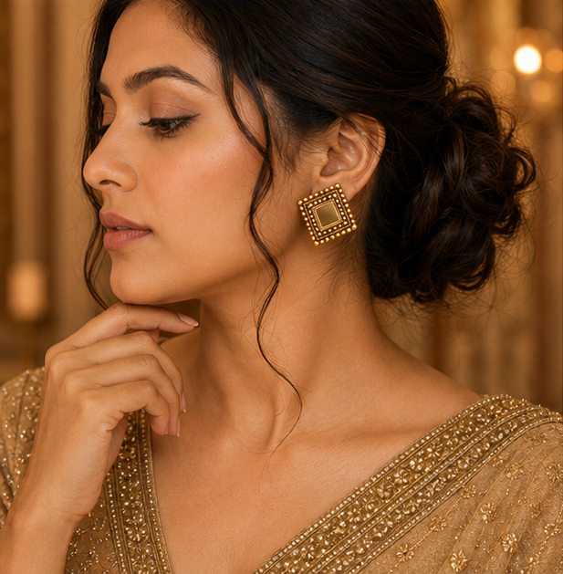 Antique Gold Square Mirror Stud Earrings