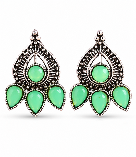 Oxidised Silver Mint Green Stone Statement Stud Earrings