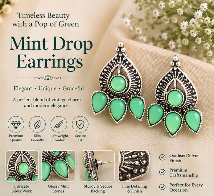 Oxidised Silver Mint Green Stone Statement Stud Earrings