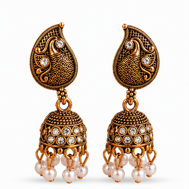Antique Gold Paisley Crystal Jhumka Earrings with Pearl Drops