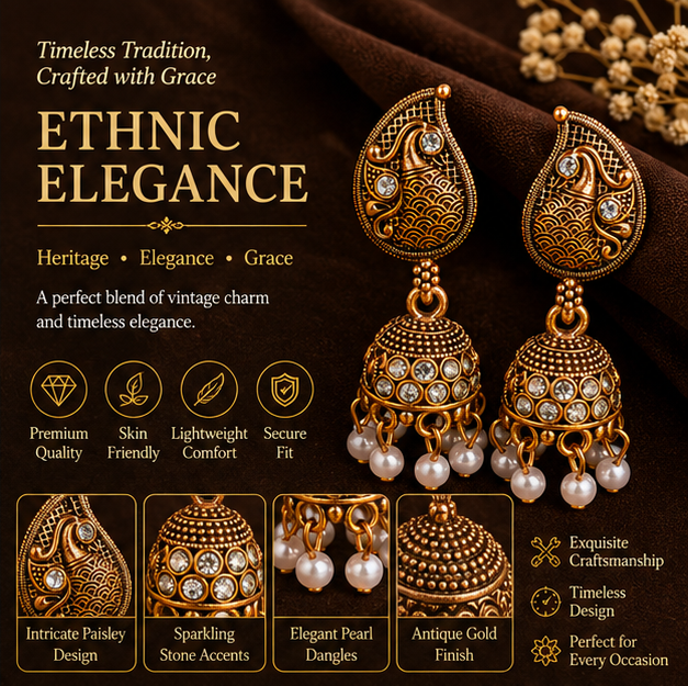 Antique Gold Paisley Crystal Jhumka Earrings with Pearl Drops
