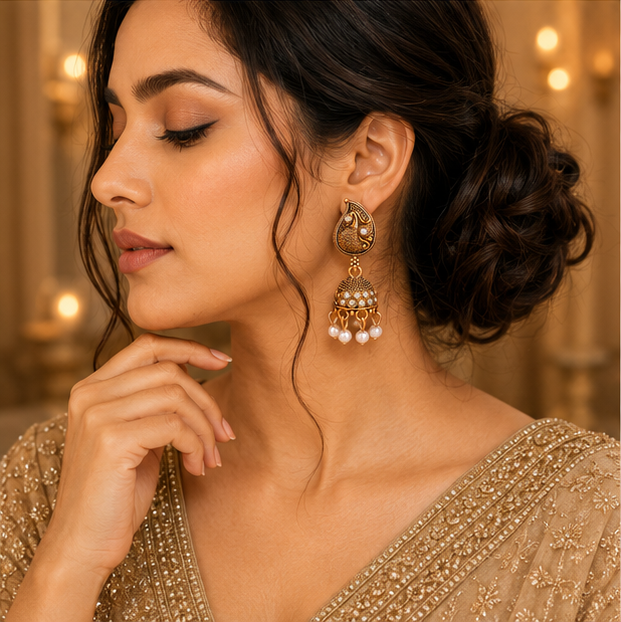 Antique Gold Paisley Crystal Jhumka Earrings with Pearl Drops