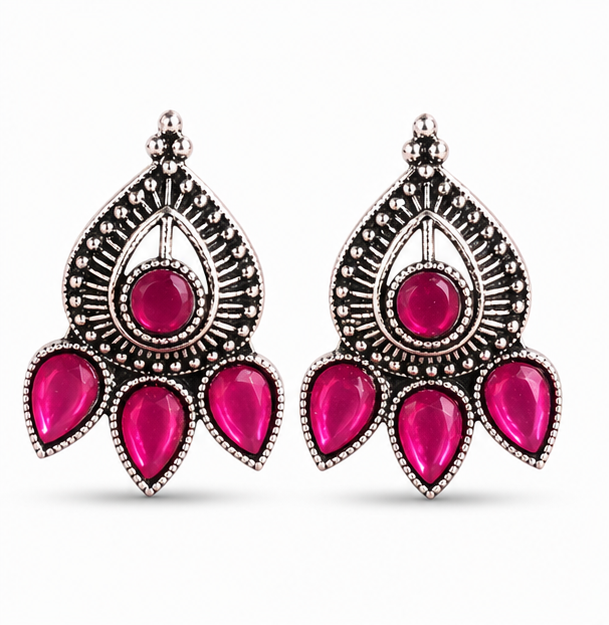 Oxidised Silver Ruby Pink Stone Statement Earrings