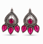 Oxidised Silver Ruby Pink Stone Statement Earrings