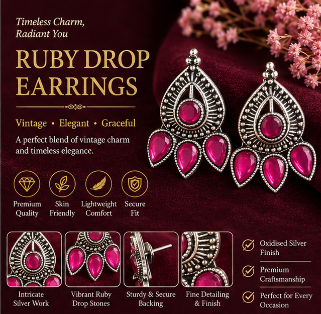 Oxidised Silver Ruby Pink Stone Statement Earrings