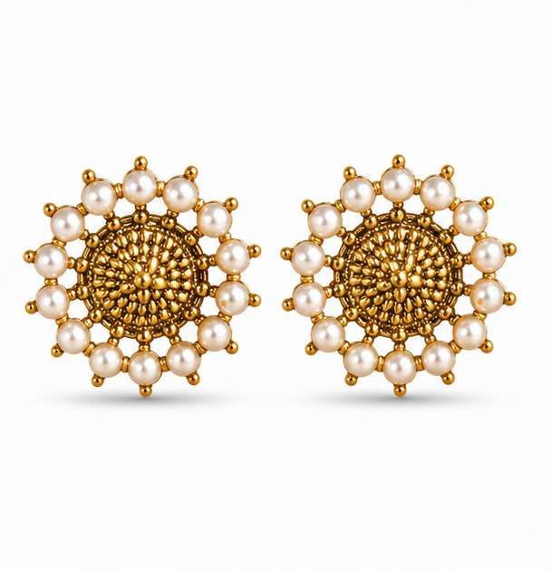 Antique Gold Pearl Floral Stud Earrings
