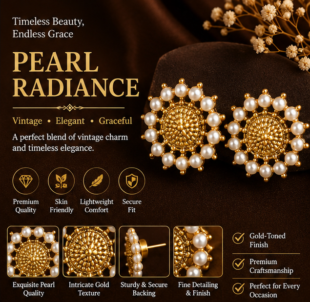 Antique Gold Pearl Floral Stud Earrings
