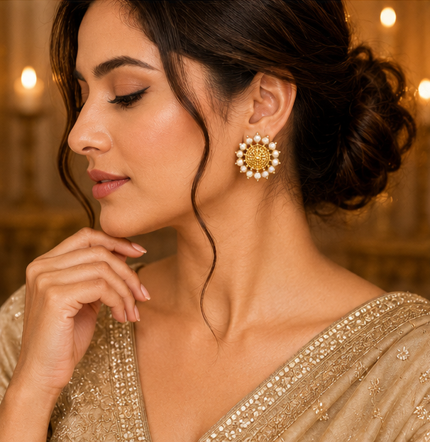 Antique Gold Pearl Floral Stud Earrings