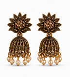Antique Gold Floral American Diamond Jhumka Earrings with Pearl Drops