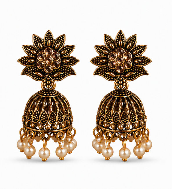 Antique Gold Floral American Diamond Jhumka Earrings with Pearl Drops