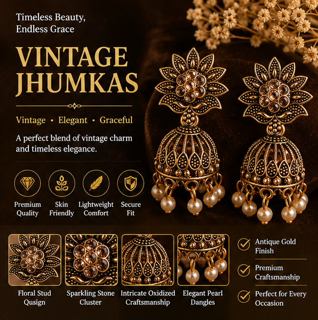 Antique Gold Floral American Diamond Jhumka Earrings with Pearl Drops
