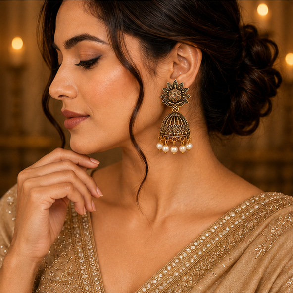 Antique Gold Floral American Diamond Jhumka Earrings with Pearl Drops