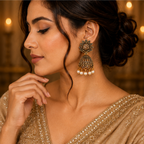 Antique Gold Floral American Diamond Jhumka Earrings with Pearl Drops