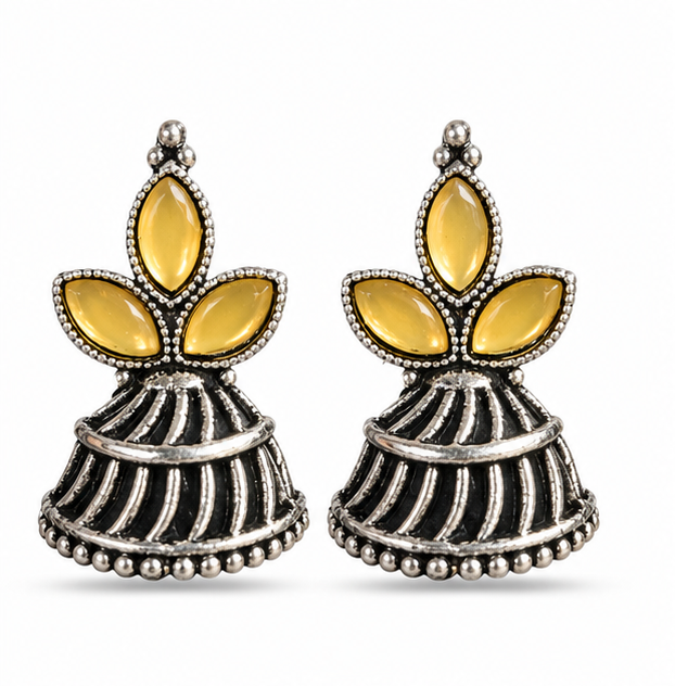 Oxidised Silver Mustard Stone Jhumka Earrings