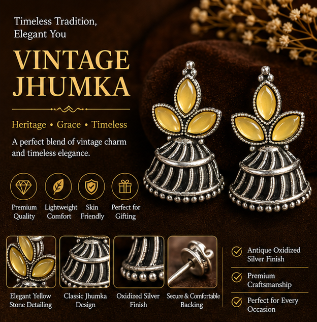 Oxidised Silver Mustard Stone Jhumka Earrings