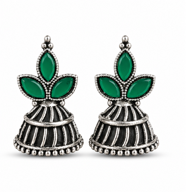 Oxidised Silver Green Stone Floral Jhumka Earrings