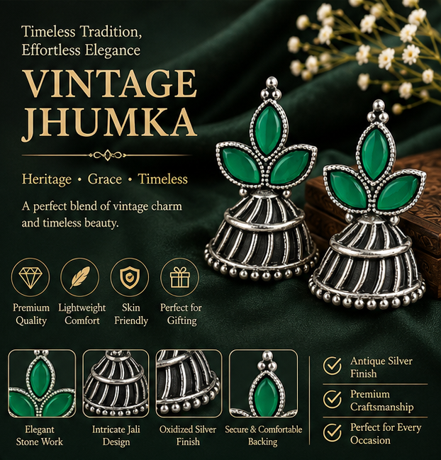 Oxidised Silver Green Stone Floral Jhumka Earrings