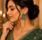 Oxidised Silver Green Stone Floral Jhumka Earrings