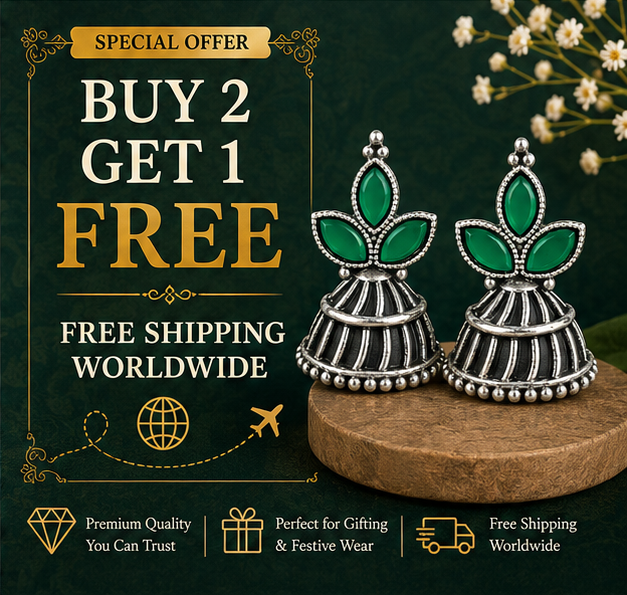 Oxidised Silver Green Stone Floral Jhumka Earrings
